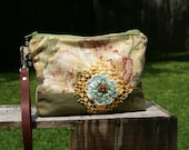 Lace Flower Leather Wristlet Bag Purse Camera Bag Flowers Earthy Handmade Cell Phone Beaded