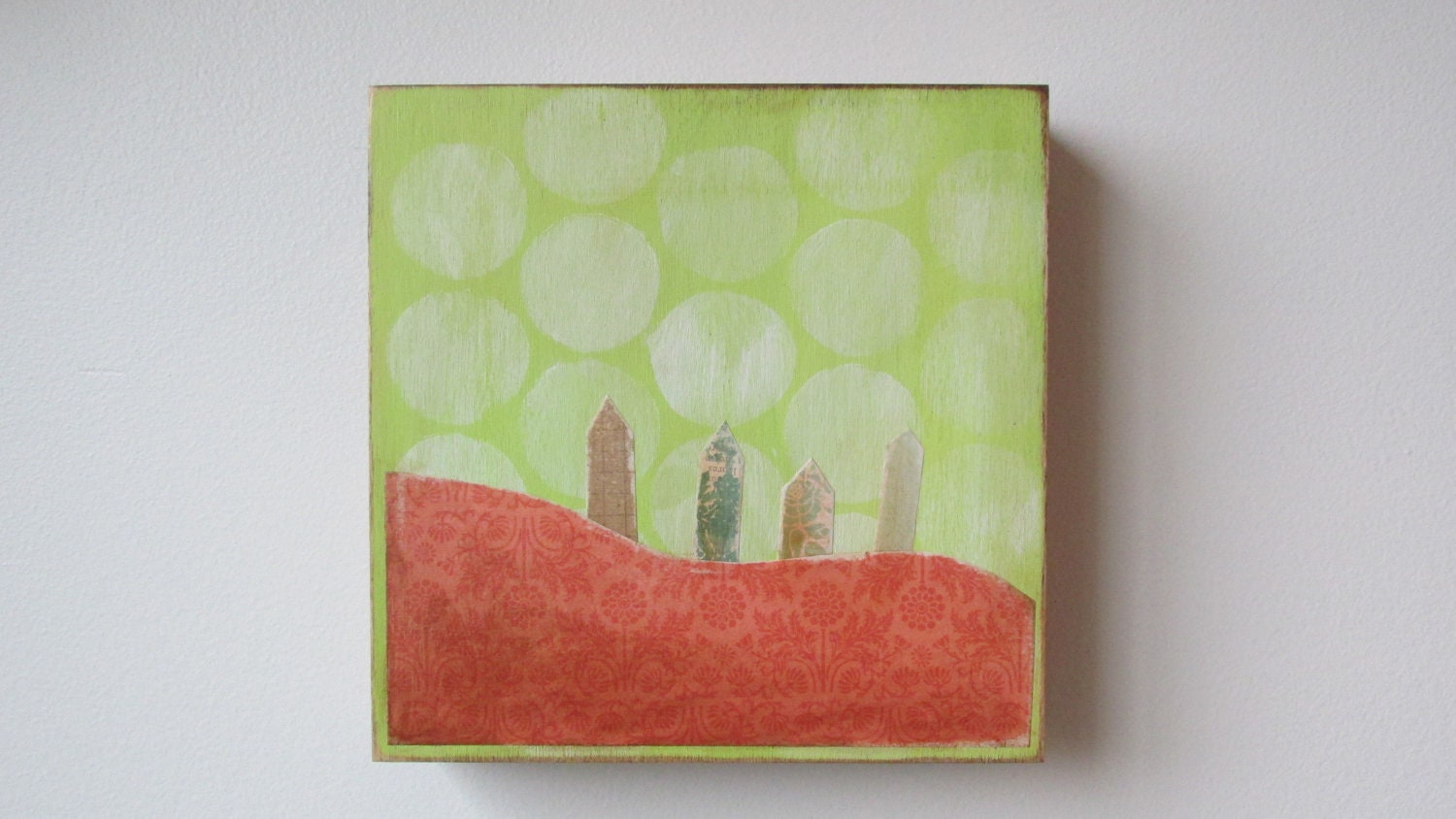 Hand Painted and Decoupage 6x6 Little Houses Chartreuse Sky Art Block