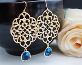 Everyday wear jewelry Dangle Earrings Matte gold plated oriential charm with Capri Blue Glass Drops earrings gifts for her
