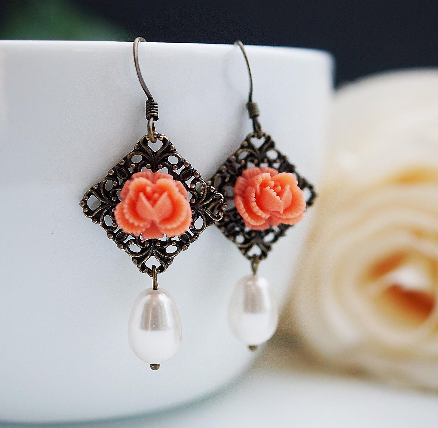 Jewelry Dangle Earrings coral Flower Cabochon and White Swarovski Pearl Tear drops
