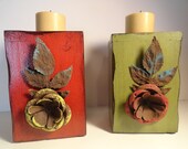 Wood Candle Holders/ Pair/ Red/ Green/ Shabby Chic/ Metal Decorative Candle Holders/ Home Decor/ Pair