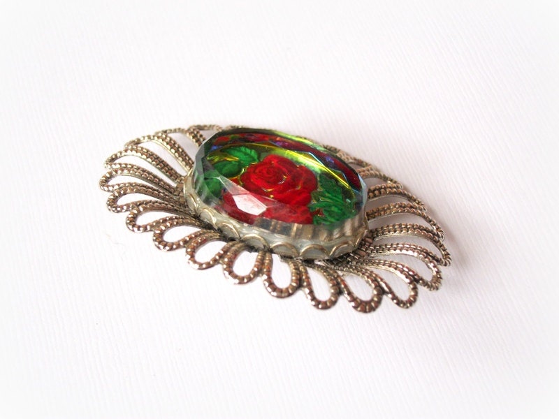 Vintage Brooch Beveled Red Flower Rose Unique Oval Foil Pin Vintage Brooch UnSigned Jewelry