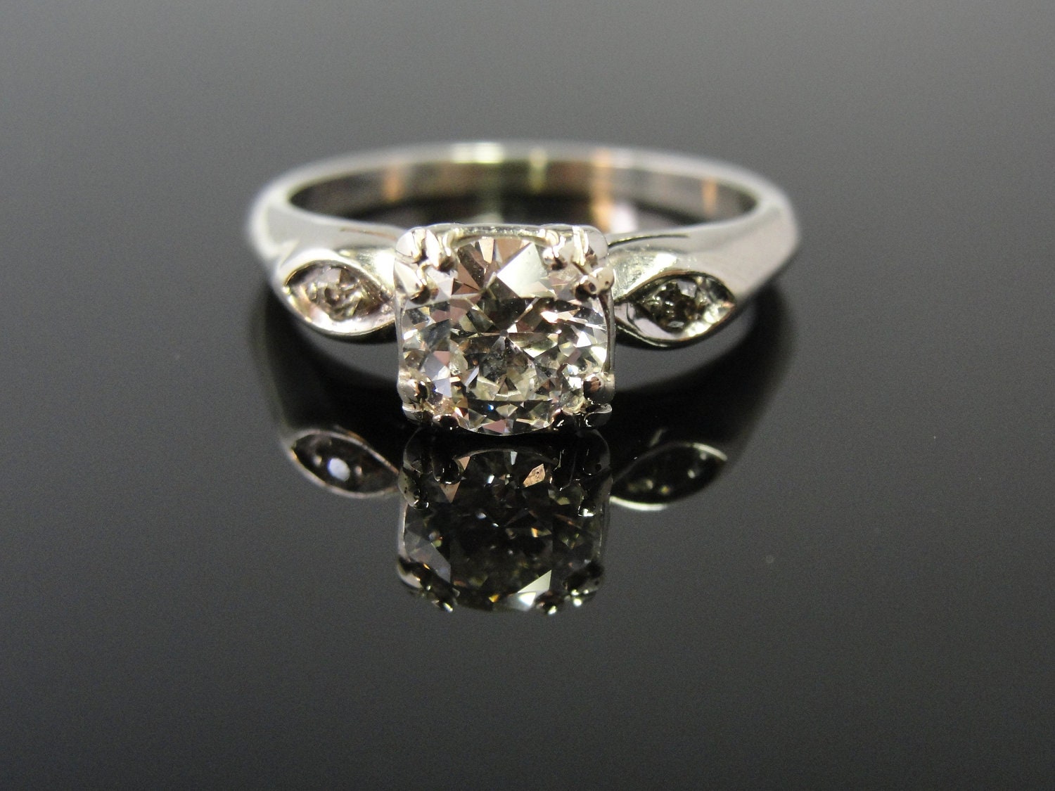 Mid Century European Mine Cut Solitaire Diamond Engagement Ring