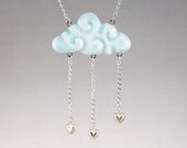 It's Raining Love Valentine's Gift- porcelain cloud pendant necklace with sterling silver chain and heart charms in light blue