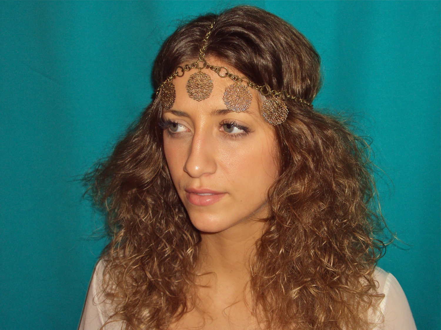 Gypsy: Aged Bronze Chain Headdress with Recycled Abstract Flower Charms