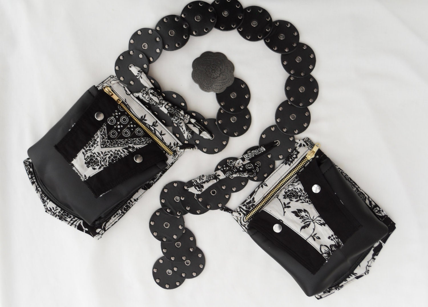 SALE Utility belt, festival pocket belt. Black and white leather, leatherette and cotton. One of a kind eco friendly hip bag