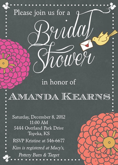 Chalk Board Look Bird with Bold Flowers Bridal Shower Invitation - Printalbe Il_170x135