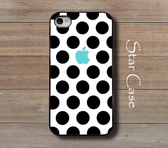 iPhone 4/ 4s and 5 Case - Black Polka Dots With Mint Blue Apple - Cell Phone Cover - iPhone Hard Case - Girly Fashion Christmas Gift For Her