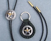 Silver Plated Star & Longhorn Bolo Tie with Black Leather Key Chain - Excellent Gift Set