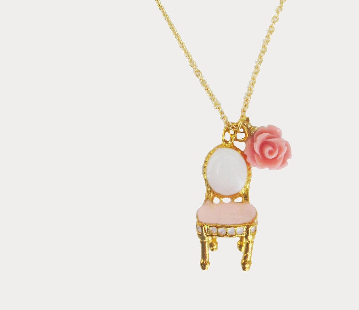 Louis XVI chair necklace with little pink rose. Pink and white enamel - 53Countesses