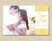 Grand Opening Sale - Engagement Save the Date Photo Announcement Yellow Demask - Printable File