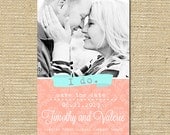Grand Opening Sale - Engagement Save the Date Photo Announcement Coral Demask/Aqua - Printable File