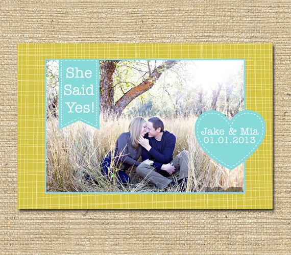 Grand Opening Sale - Engagement Save the Date Photo Announcement Olive Plaid/Aqua Stitch - Printable File