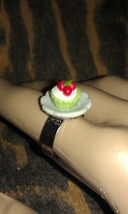 Super Cute Adjustable Mini Food Ring (Green Cupcake with 3 Cherries on top) Sweets Dessert Vegan Kitsch Kawaii