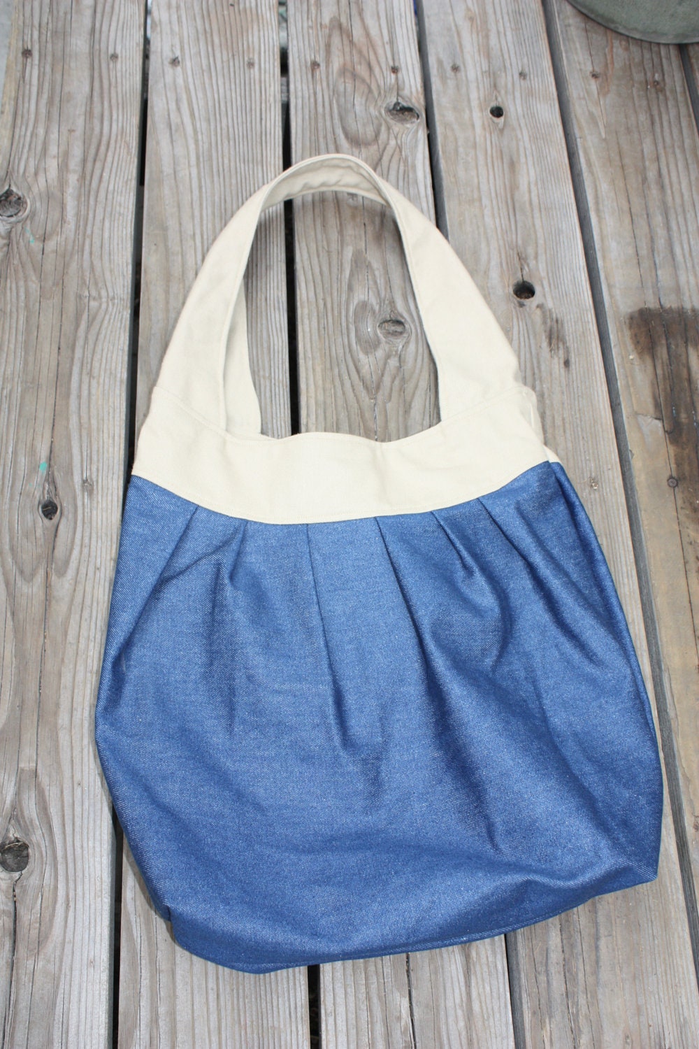Large Tote Pleated Handmade Denim Lined Bag or Purse