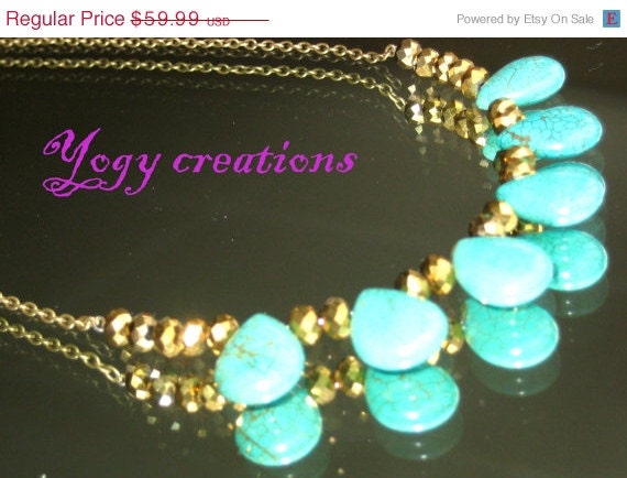 SALE 10% Off Turquoise green blue tear drop gold bead brass colour chain necklace chunky jewelry gift