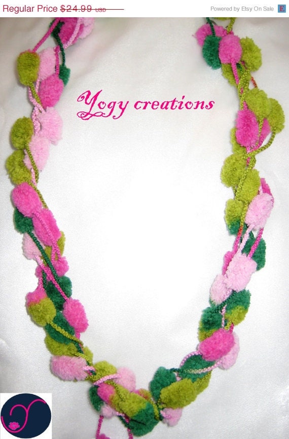 SALE 10% Off Pompom pink green wool necklace cold winter jewelry gift