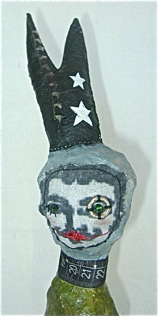 OOAK Collectible Sculpture Fabric Paper Maché King with a Blue Head Whimsical Art Doll Red Heart Handmade Fantasy Abstract Original Art