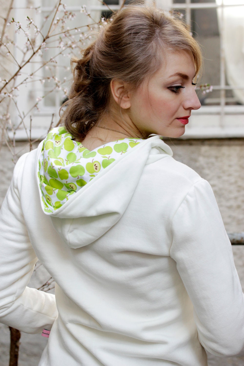 Womens creme-white Pullover Hoodie with Green Apple Hood - Handmade Long Sleeved Sweatshirt - Size XS-XL