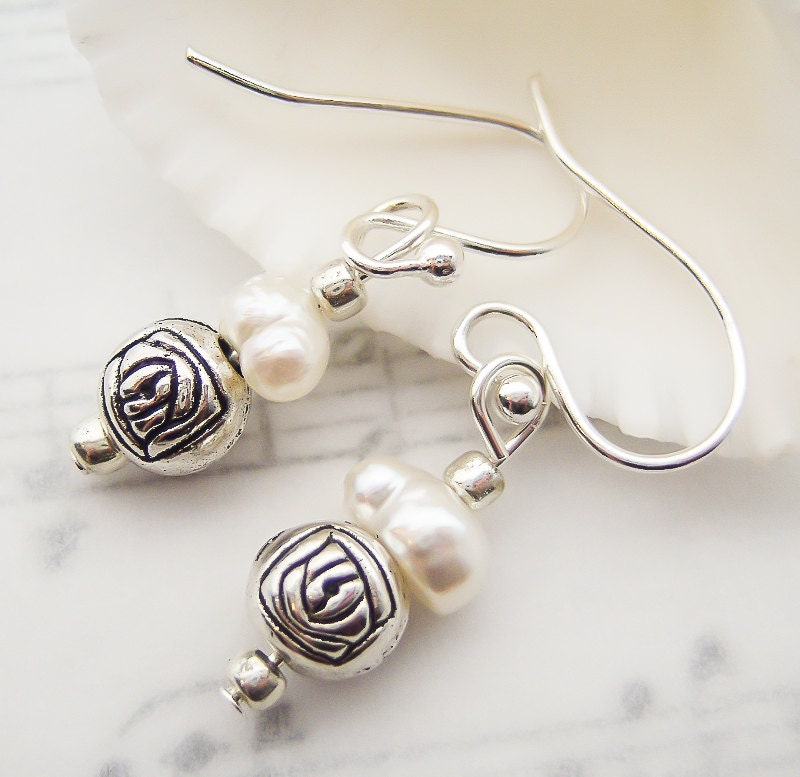 freshwater pearls - rose charms - sterling silver hooks - women - everyday - drop earrings - handmade - one of a kind