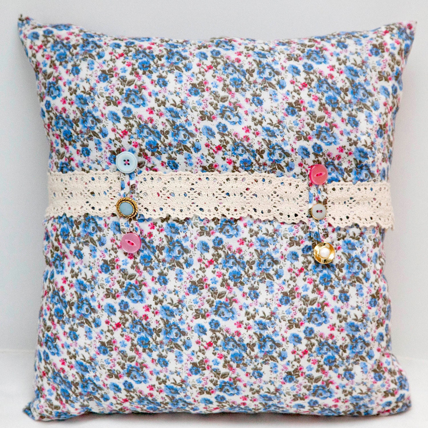 Ditsy floral cushion with vintage trims
