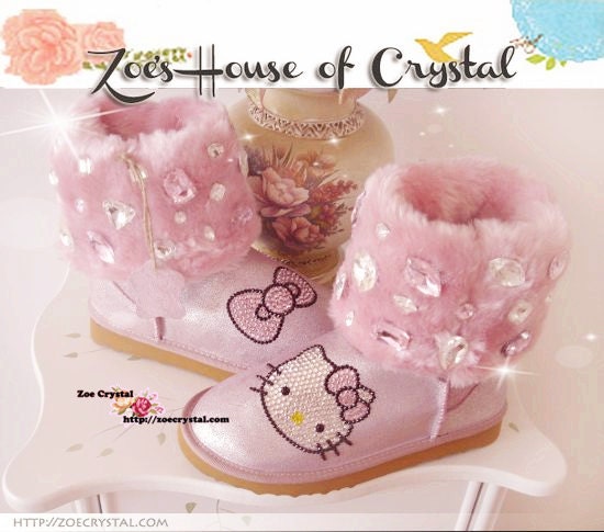 WINTER Pink Metallic Sheepskin Cuff Wool Boots with cute KITTY