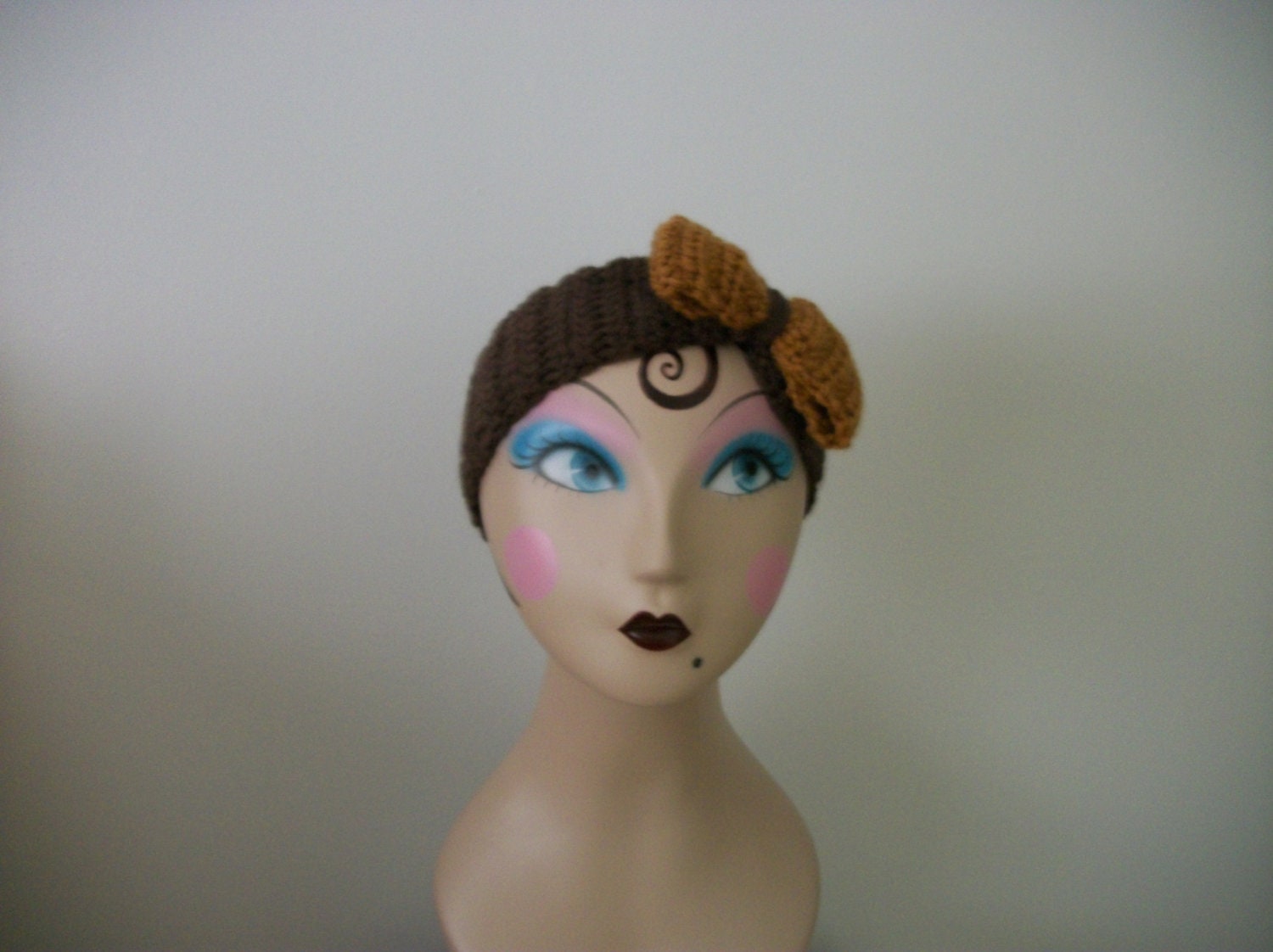 Brown Crocheted Headband with Bow in Honey Color, Head wrap, Earwarmers, Four Season Fashion, Gift