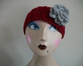 Crochet Headband Earwarmer in Burgundy  - Adorned With a Gray Flower Perfect Fashion Accessory