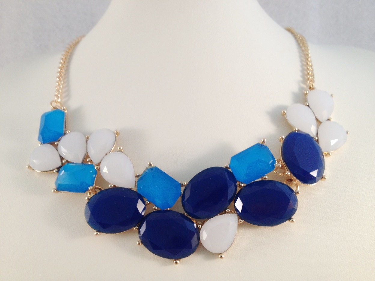 Ocean Blue Milky White Colour Gems bib Necklace, Statement Jewelry,  Bubble Statement Necklace,Chunky Bubble Necklace