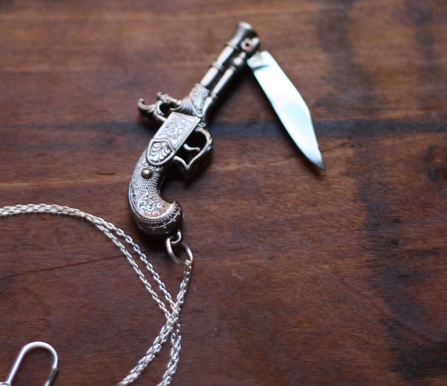 Silver Flintlock Pistol Gun Pocket Knife Necklace