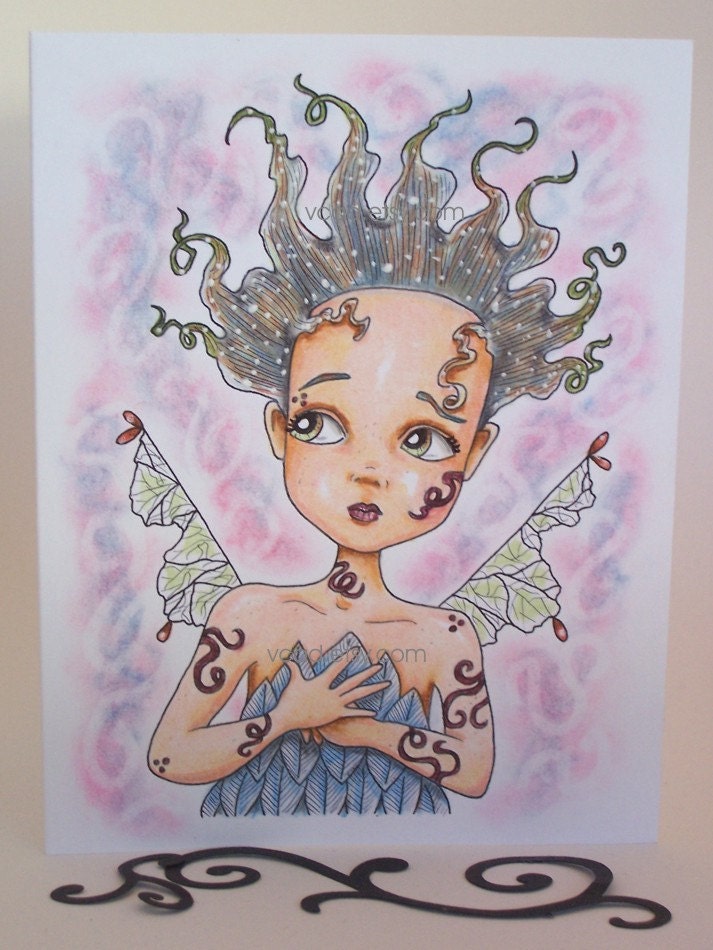 Girl drawing, fairy art, ORIGINAL drawing, face illustration, children illustration, hand drawn, small format art, blank note card
