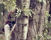 Hide and Seek - FREE SHIPPING - Print Girl Trees Hugging Holding Caught Brown Red Green White Nature Vines Surreal Bright Portrait
