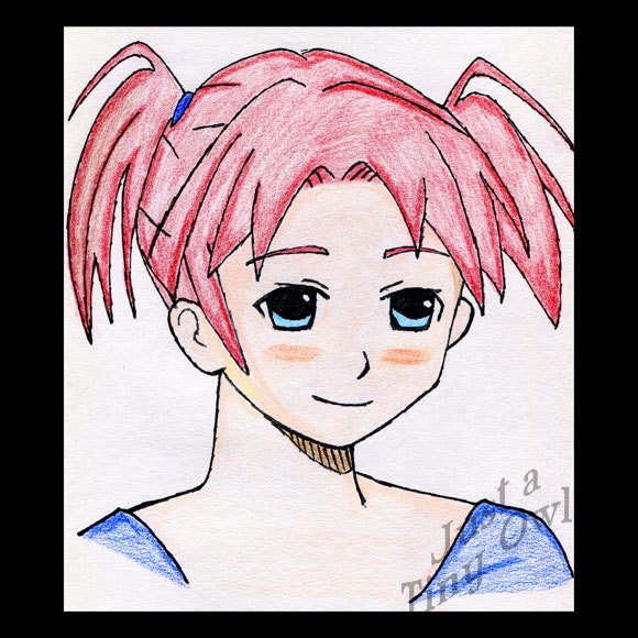Red Haired Girl with Pigtails Manga Drawing Print - 8x8 or 8x10