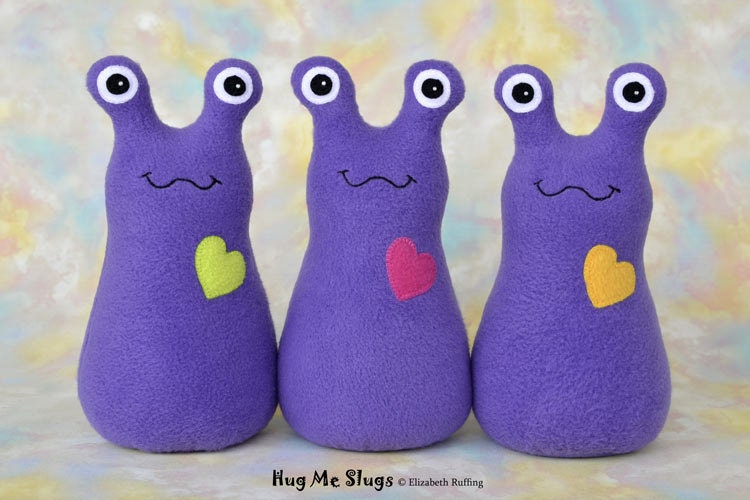 Handmade Slug, Stuffed Animal Plush Doll Art Toy, Hug Me Slug, Personalized Tag, Purple Fleece, You Choose Heart Color, 7 inch, Custom-made