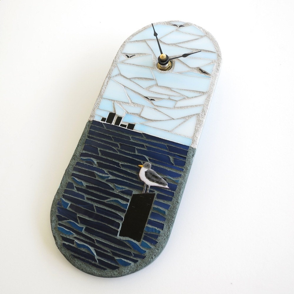 Wall Clock - Seagull in the Bay Stained Glass and Glass Tile Mosaic