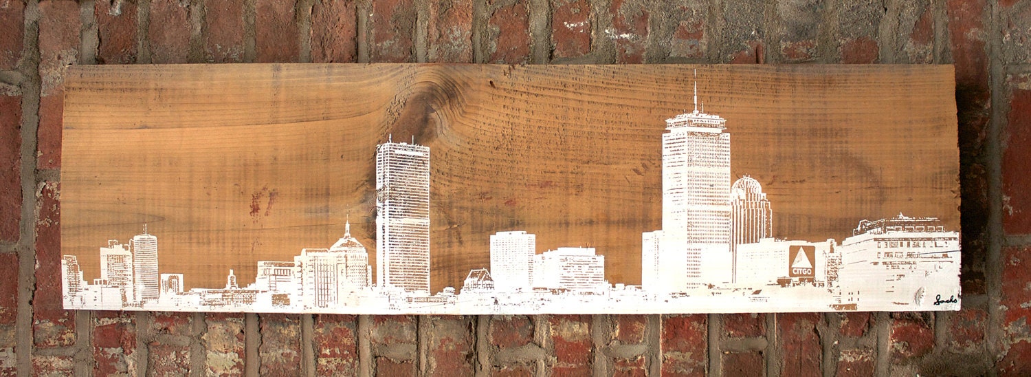 Boston Skyline Wall Hanging on Reclaimed Barn Wood - 7"x15"