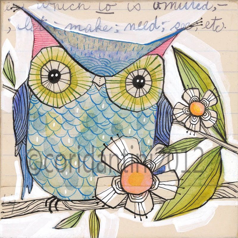 blue owl - watercolor painting - illustration - 8 x 8 inches - archival, limited edition print by cori dantini