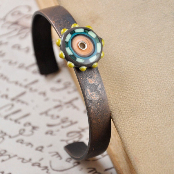 Colorful Etched Pattern Copper Bracelet / Lampwork Glass Disc Bracelet / Adjustable Cuff / Valentine Gift / Modern Style