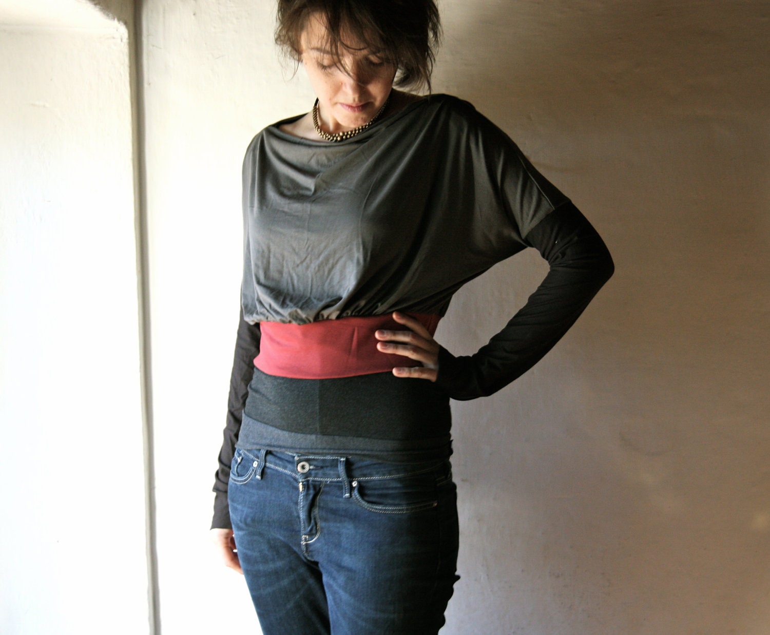 Cropped Tshirt - long sleeved top - draped jersey blouse - womens layering clothes