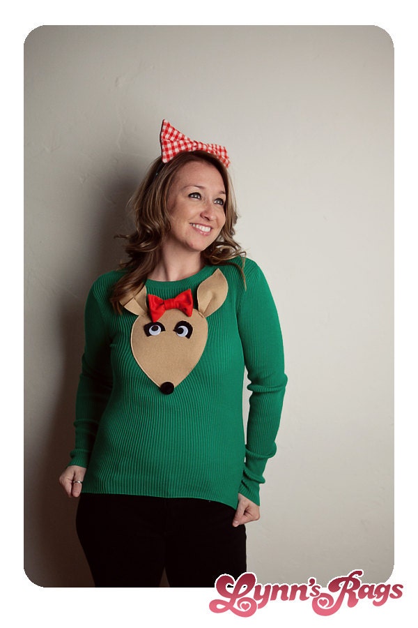 Green REINDEER Sweater BOW Handmade Clarice Ugly Christmas Sweater Party SMALL