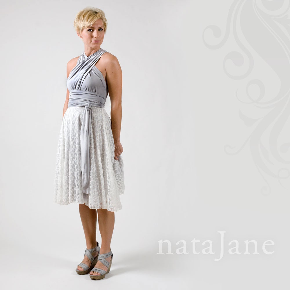 Vintage inspired Coda wrap dress with lace skirt, tea-length