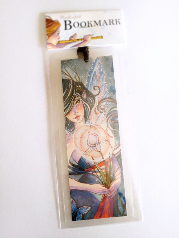 Fairy Bookmark Dark Hair Flower Fairy Blue Butterflies