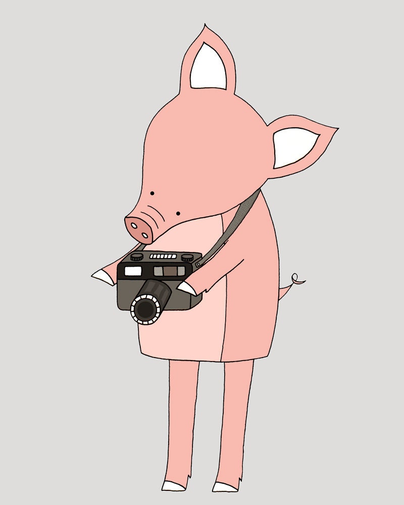 Nursery Art, Pig with a 35mm Camera, Kid's Room Art,  Nursery Wall Decor