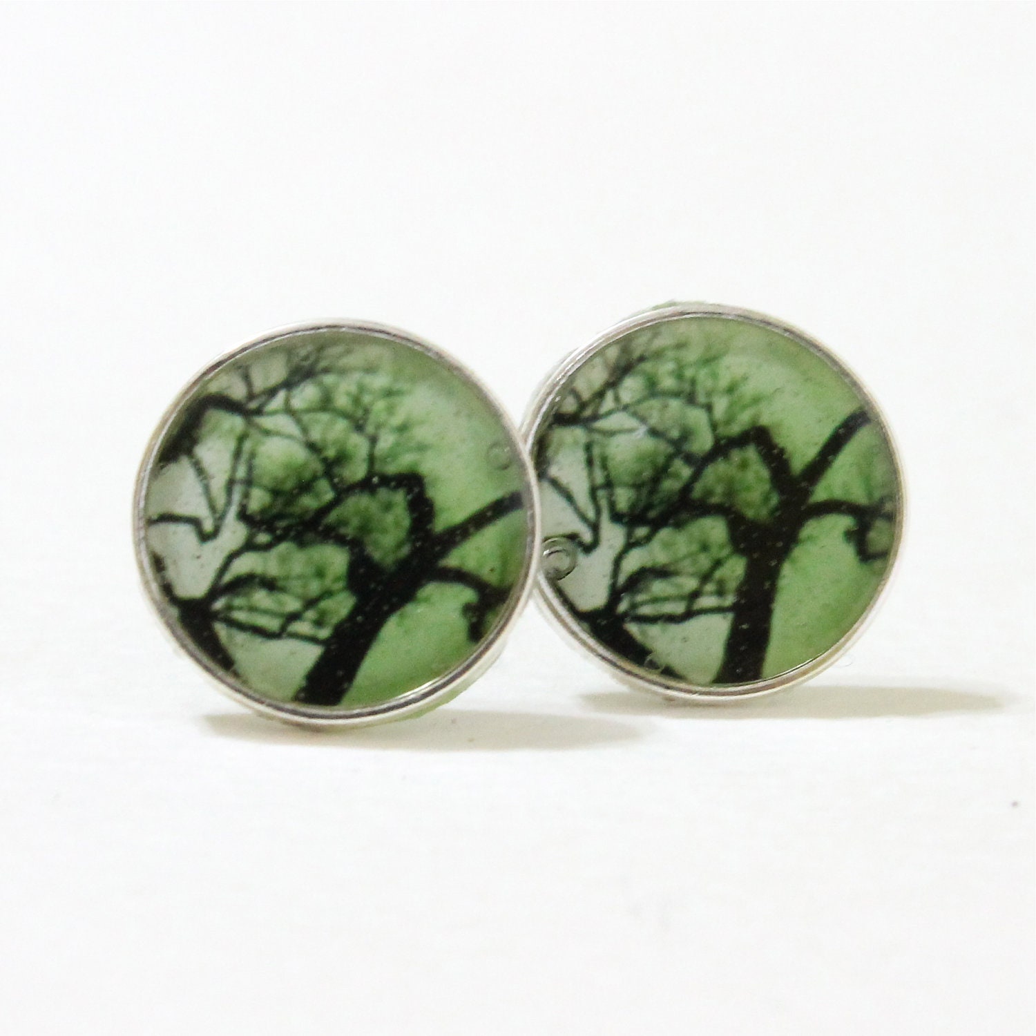 12mm Green Post Earrings - Tree Photo Studs - Lime Green Photo Studs - Hypoallergenic - Fake Plugs