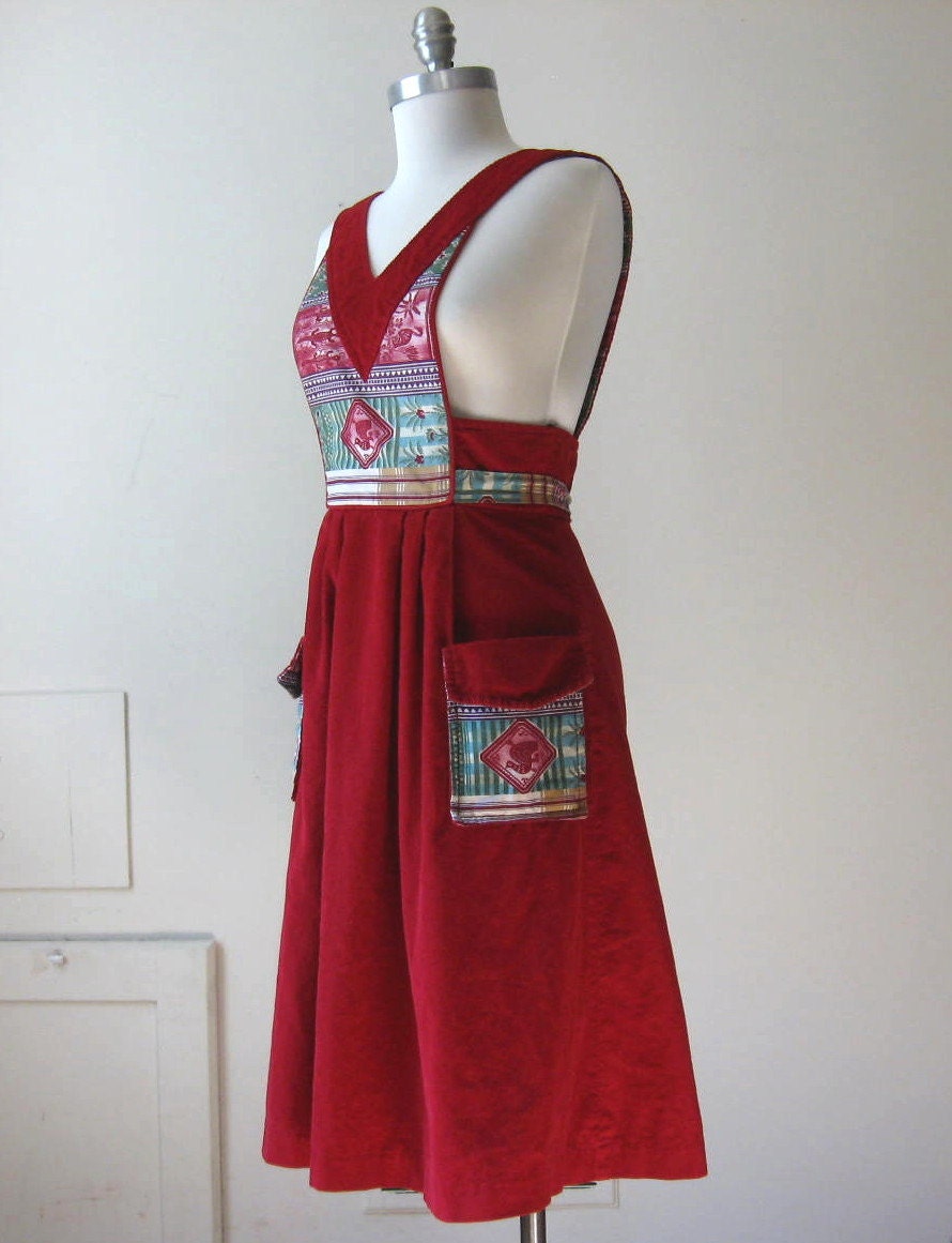 Folk Apron Dress Vintage 70s Red Corduroy Jumper V Neck Bib Pinafore Dress