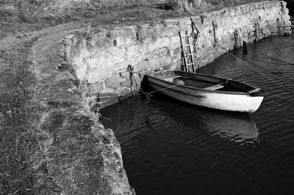 Boat photography, fishing artwork, nautical art black and white photo, old English boat in harbor, beach house decor. 8x10 fine art photo