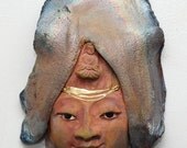 Kwan Yin Face Wall Art With Golden Hair Adornments Raku Ceramics by Anita Feng of Golden Wind Raku
