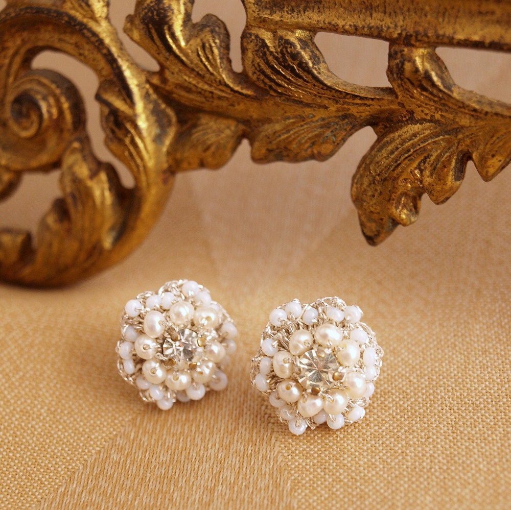Pearl Flower Post Earrings / Wedding Jewelry / Ivory Pearls, Vintage Rhinestones /  Floral Lace / "Matilda"