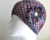 Multicolor Crochet Hat with Blues, Reds and Violets with Decorative Flower and Button