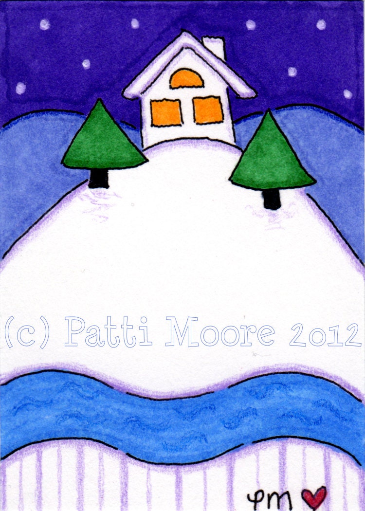 ACEO Original Illustration - Folk Art - Cute Whimsical - 2.5" x 3.5" - Cozy Winter Home